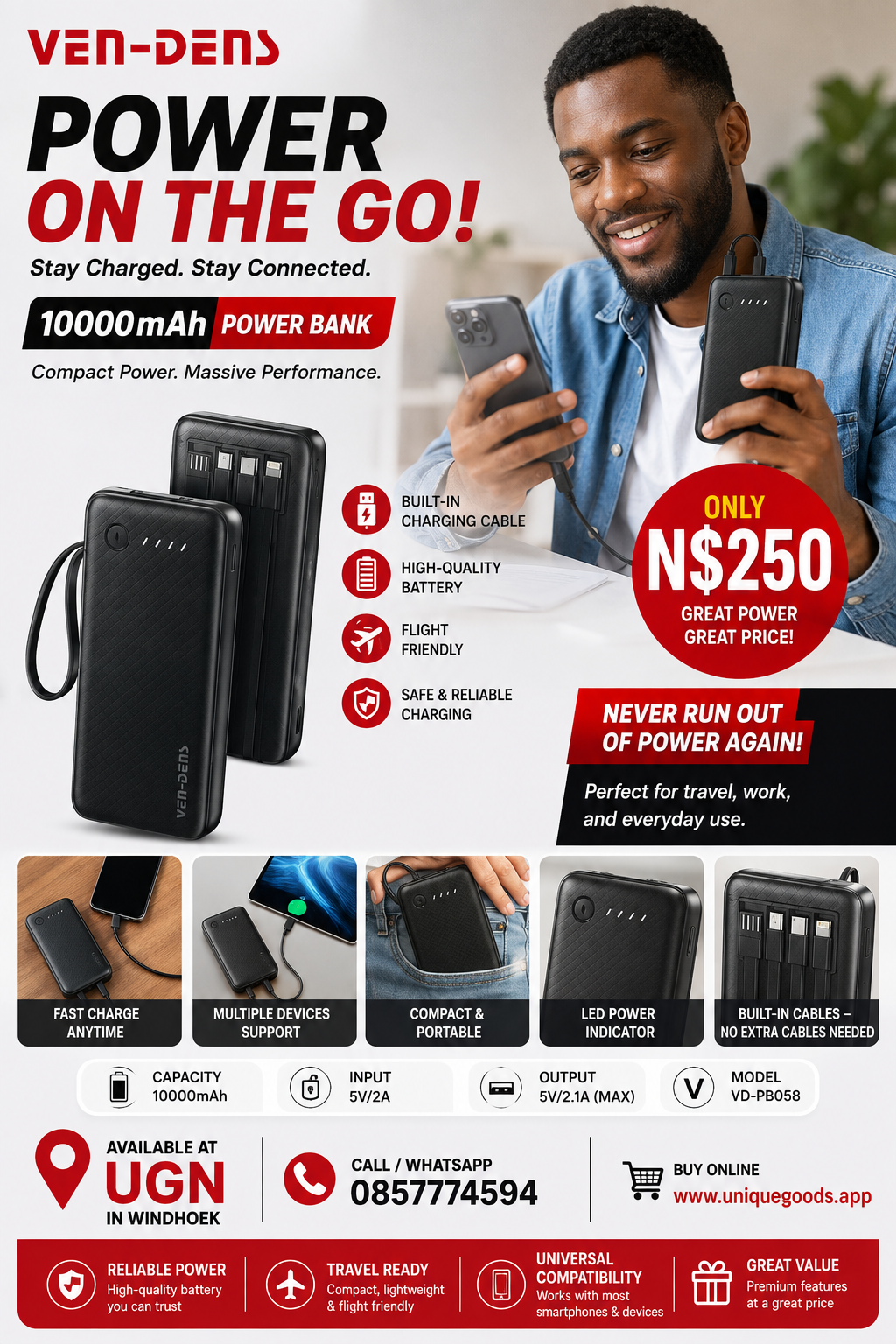 10,000mAh Power Bank with built-in charging cables
