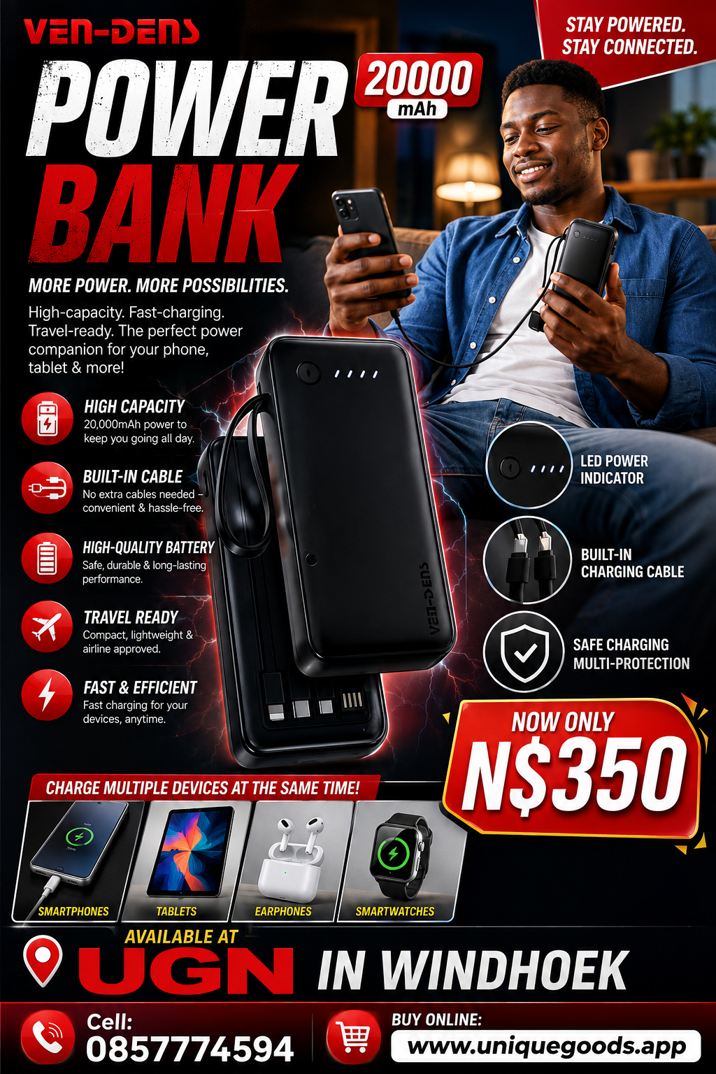 20,000mAh Power Bank with built-in charging cable